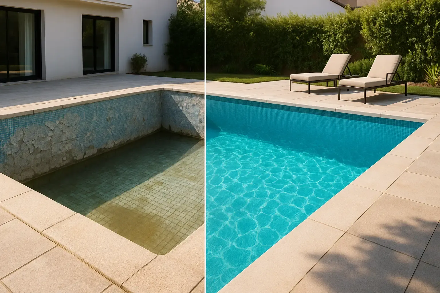 Antes y después de la rehabilitación de una piscina con liner pvc reforzado en madrid | liner piscina | instalación certificada renolit  senapool | liner piscina madrid