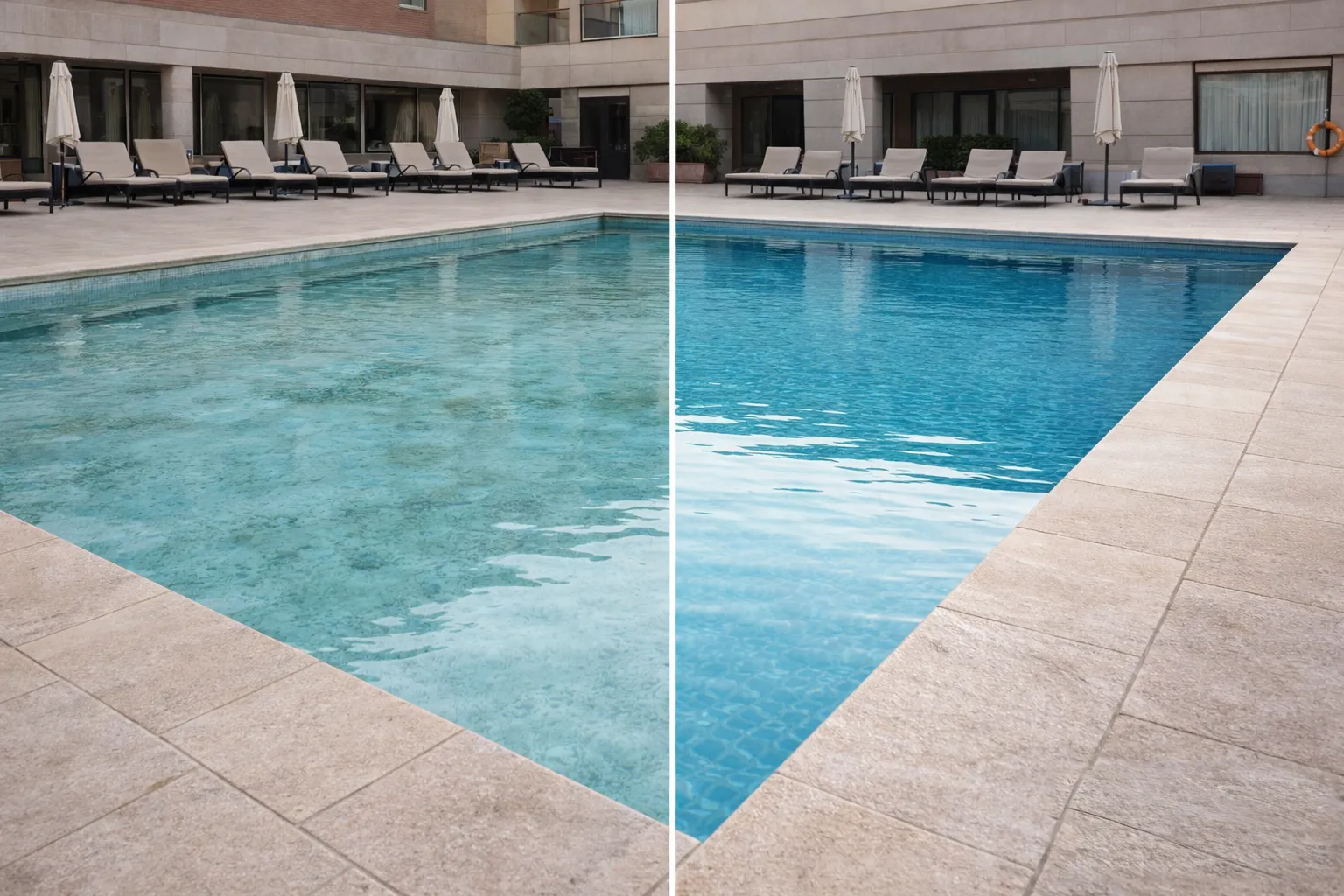 Antes y después de la rehabilitación de una piscina de hotel con liner renolit en madrid | liner piscina | instalación certificada renolit  senapool | liner piscina madrid