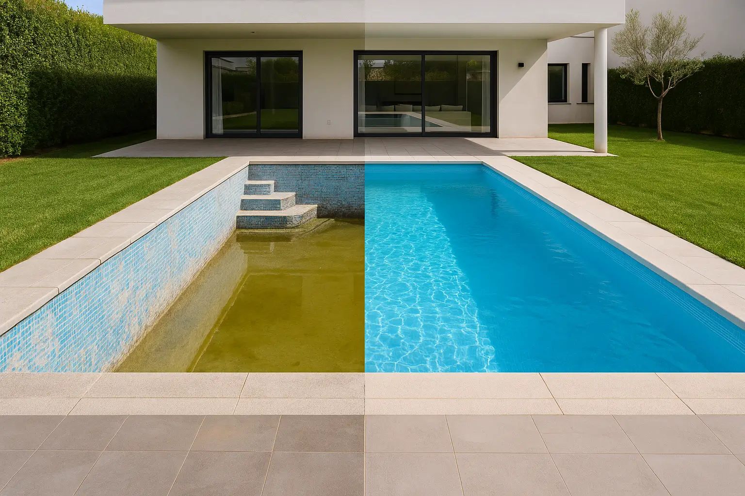 Antes y después de la rehabilitación de una piscina con liner renolit en madrid la finca | liner piscina | instalación certificada renolit  senapool | liner piscina madrid