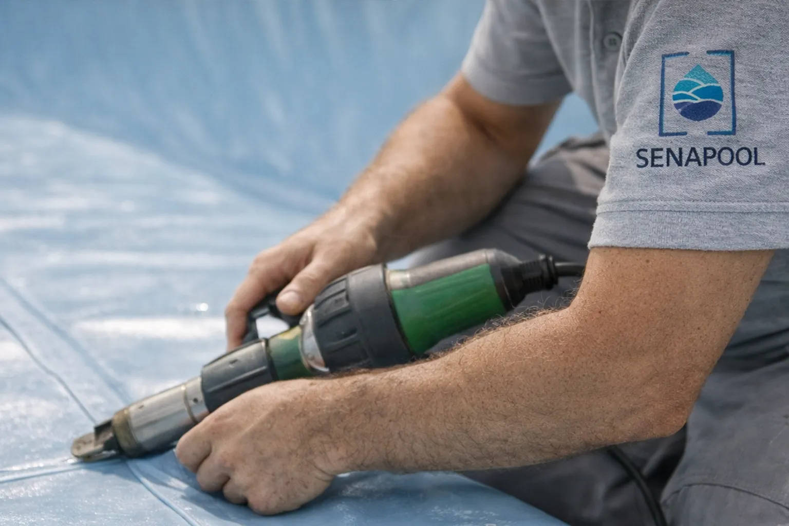 Soldadura de liner pvc reforzado realizada por instaladores profesionales en piscina comunitaria en madrid | liner piscina | instalación certificada renolit  senapool | liner piscina madrid