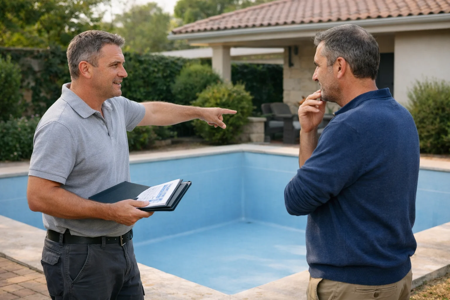 Empresa de piscinas asesorando al cliente durante una visita técnica profesional | empresa de piscinas en madrid | contacto senapool | liner piscina madrid